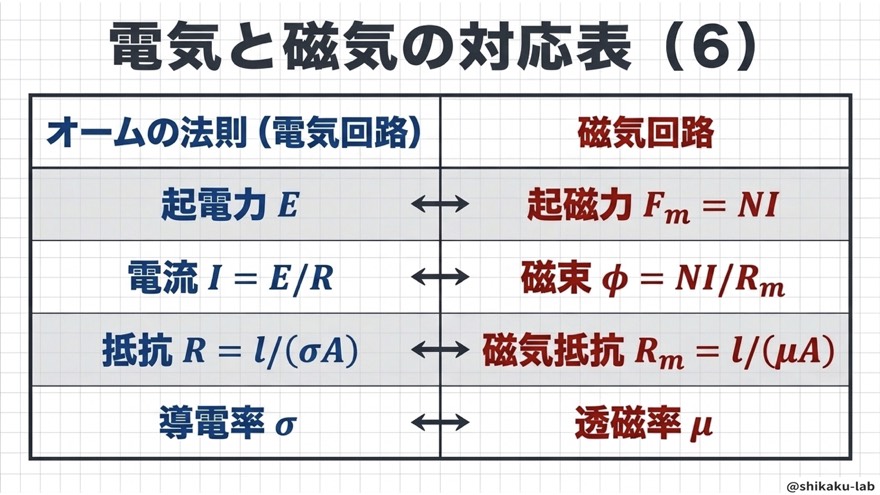 電気と磁気の対応表(導電率σ↔透磁率μ)