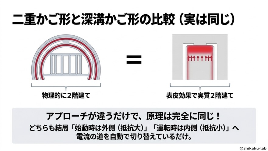 二重かご形と深溝かご形の比較(原理は完全に同じ)
