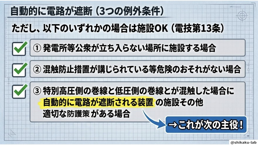 自動的に電路が遮断(3つの例外条件・電技13条)