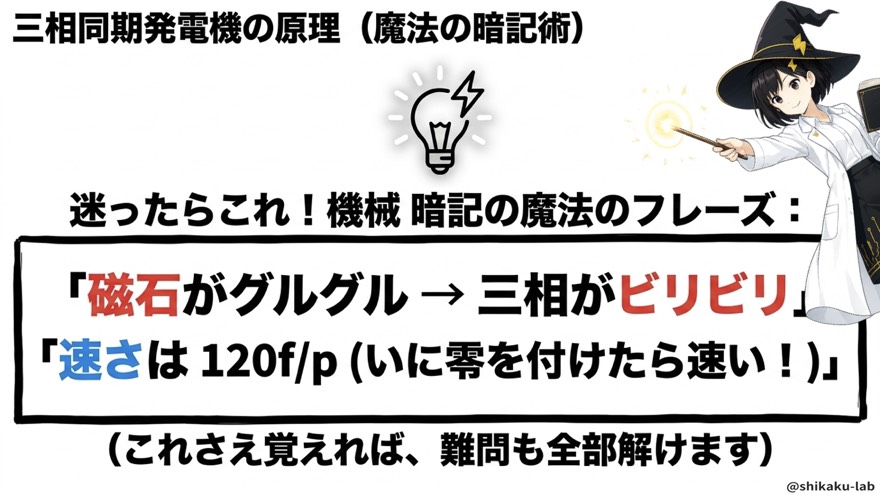 三相同期発電機の原理(魔法の暗記術)