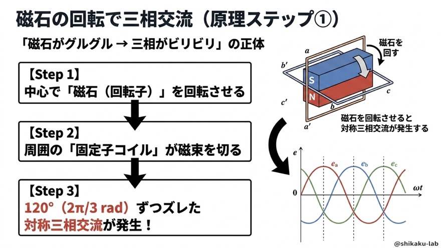 磁石の回転で三相交流(原理ステップ①)