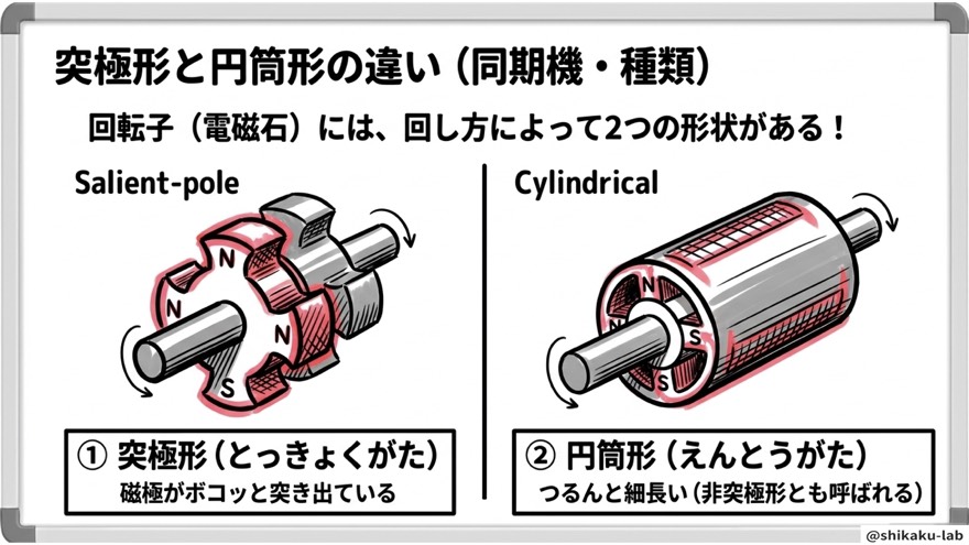 突極形と円筒形の違い(同期機の種類)