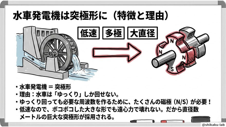 水車発電機は突極形に(低速・多極・大直径)