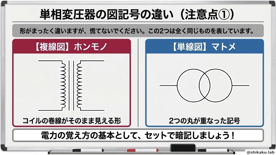 単相変圧器の図記号の違い(注意点①)
