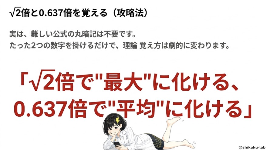 魔法の言葉:√2倍と0.637倍(覚えるのは2つだけ)