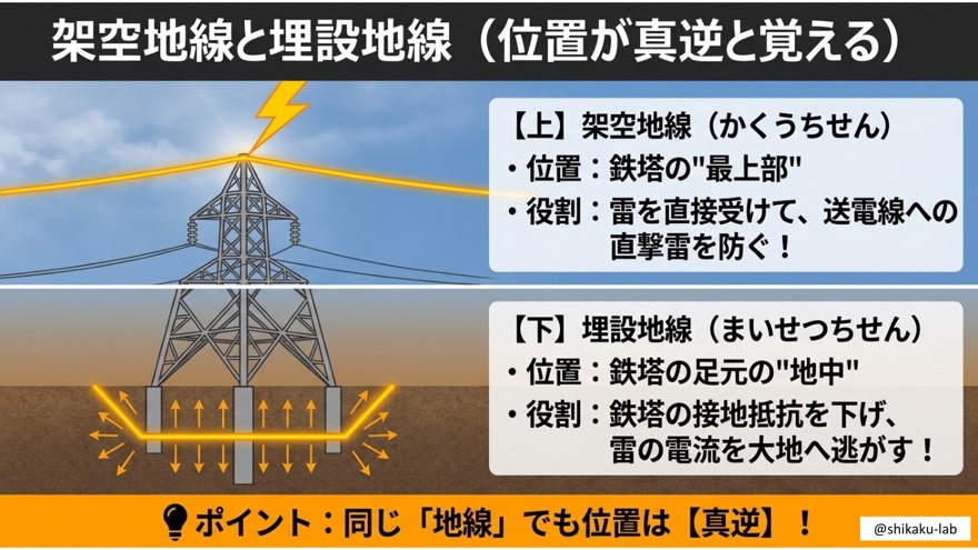 架空地線と埋設地線は位置が真逆