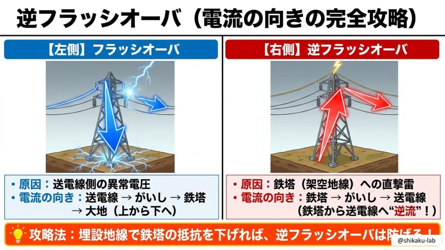 フラッシオーバと逆フラッシオーバの電流の向き