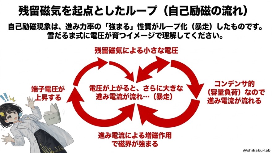 残留磁気から始まる自己励磁の無限ループ