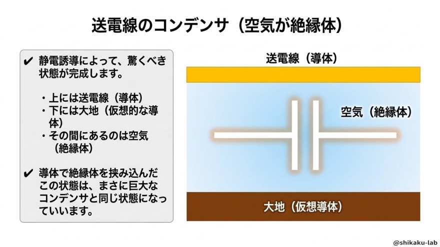 送電線と大地は巨大なコンデンサ
