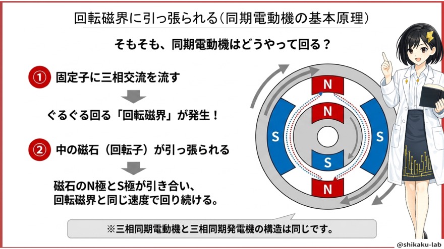 回転磁界に引っ張られる同期電動機の基本原理