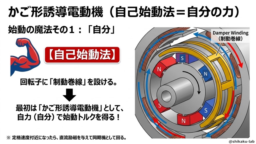 自己始動法は制動巻線で自力始動
